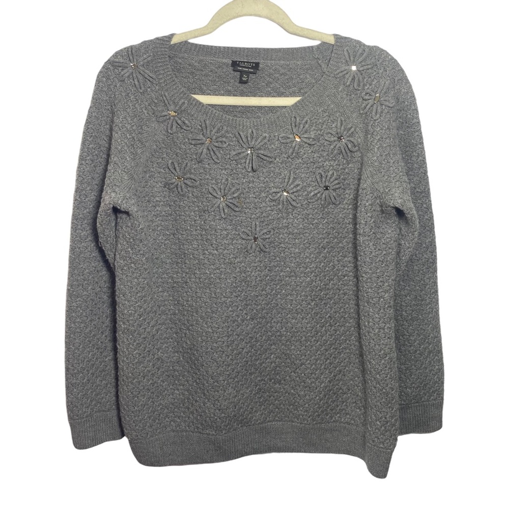 Talbots Pure Merino Wool Floral Accent Open Knit Sweater Top Women's Sz XP